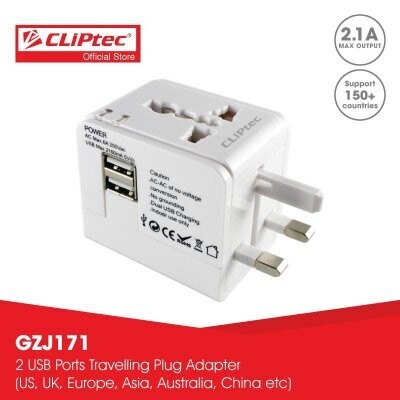 CLiPtec Universal Travelling Plug Adaptor with 2 USB ports (2.1A)-GZJ171 (White)