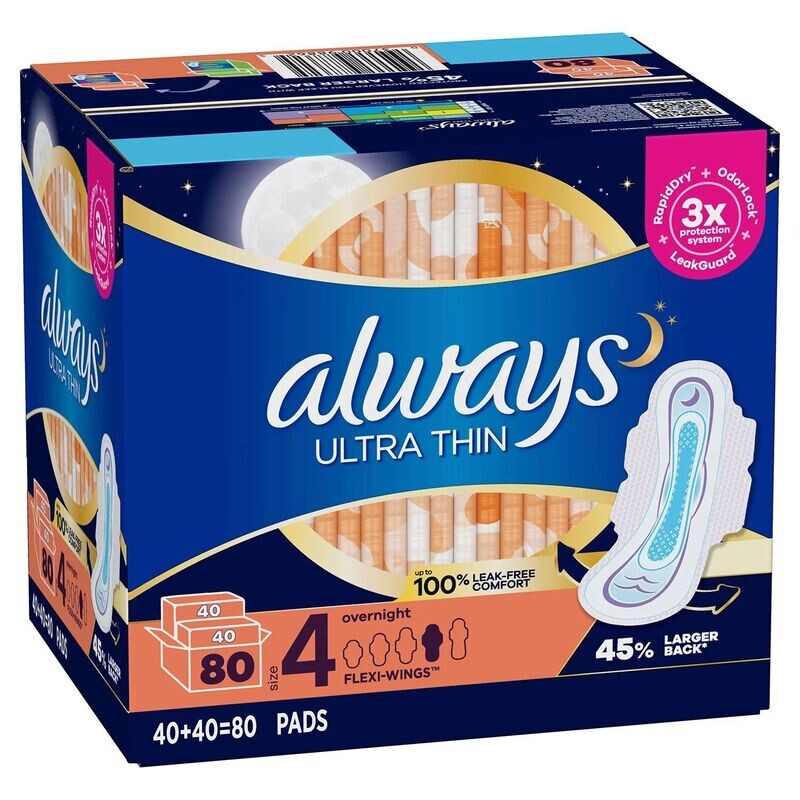 Always Ultra Thin Overnight Pads, Unscented - Size 4 (80pcs.)