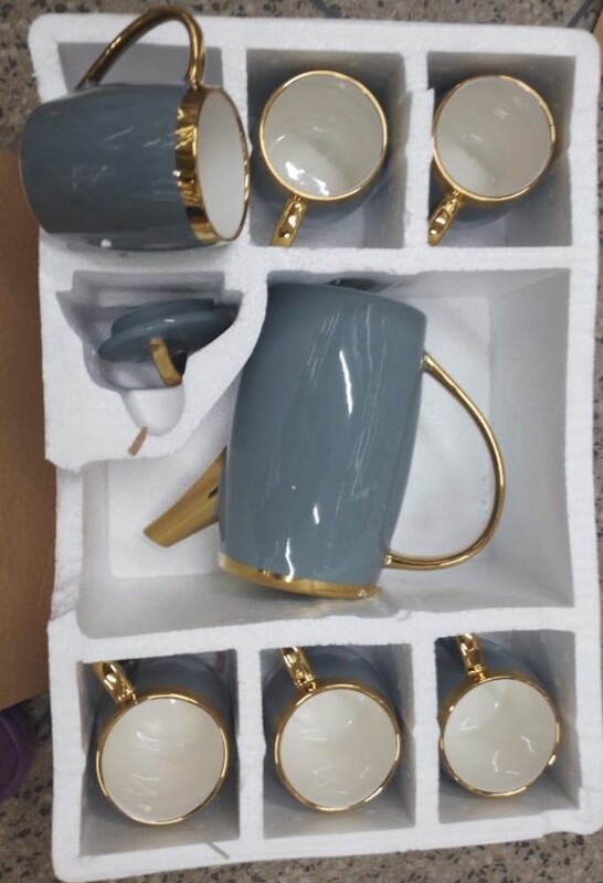 Tea set grey with gold ring 7pcs set (Tea pot + 6tea cups)