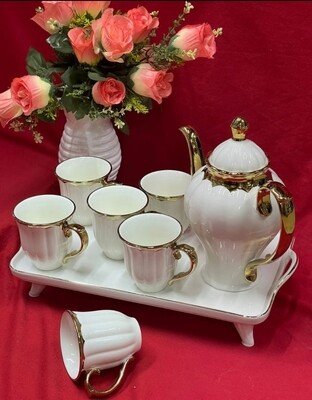 Tea sets 7pcs (Tea pot +6 cups) white with gold rims