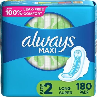 Always Maxi Feminine Pads with Wings for Women, Size 2, Long Super Absorbency, 90 Count,Unscented, 