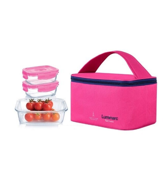 Luminarc Pure Box lunch bag 3pc set with insulated thermal bag-glass storage 38cl/82cl/122cl PINK