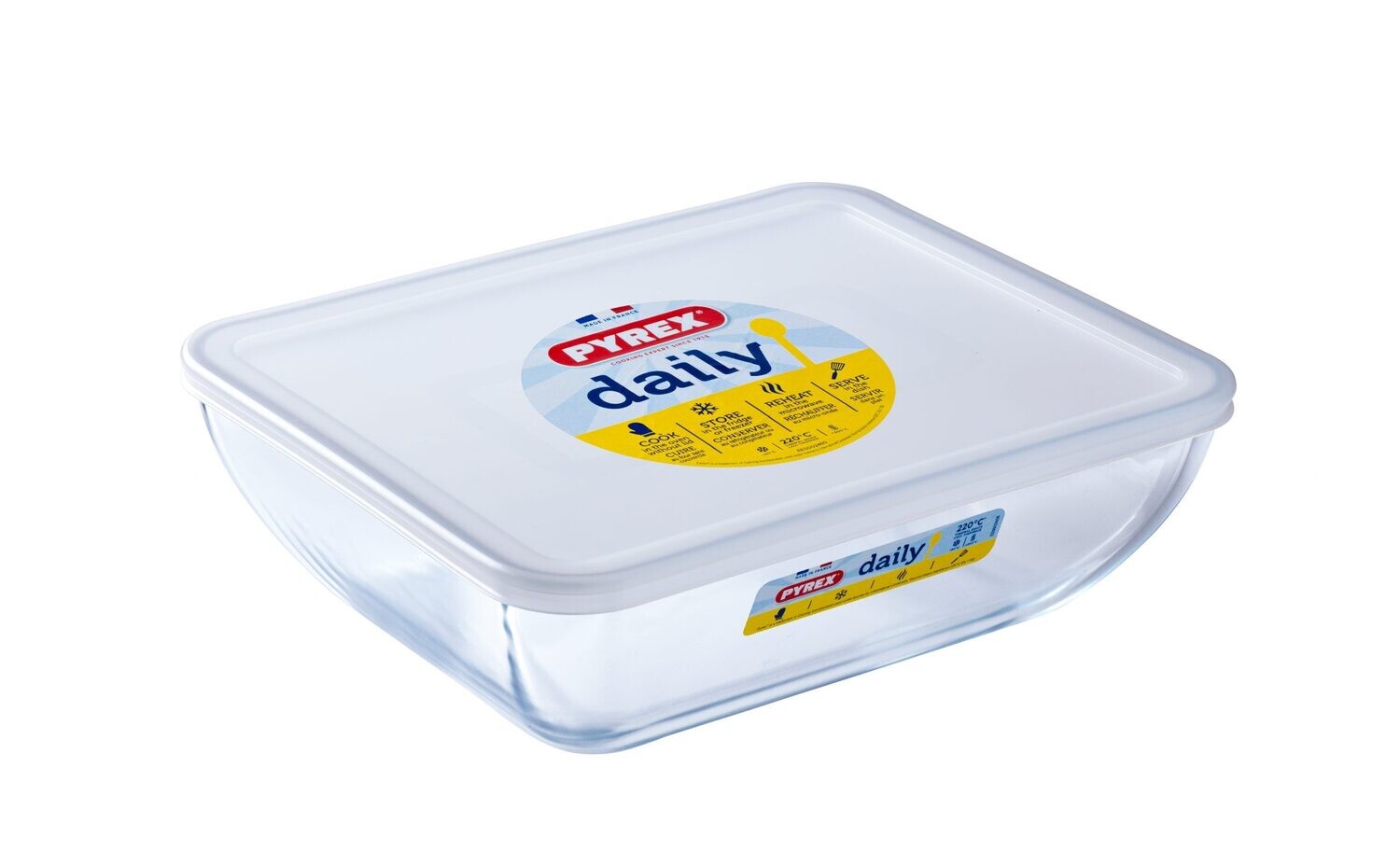 Rectangular glass baking dish 1.3 Ltrs Pyrex Daily roaster rectangular with white Lid 3046
