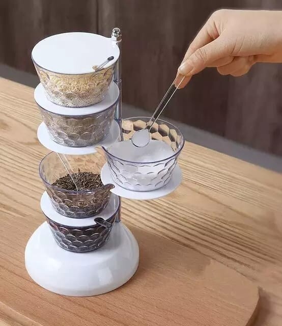 Rotating seasoning rack 5 layer rotating seasoning stand.Available in 3 colours: Clear, green &amp; blue. Size: 27cm by 12cm. Material Acrylic