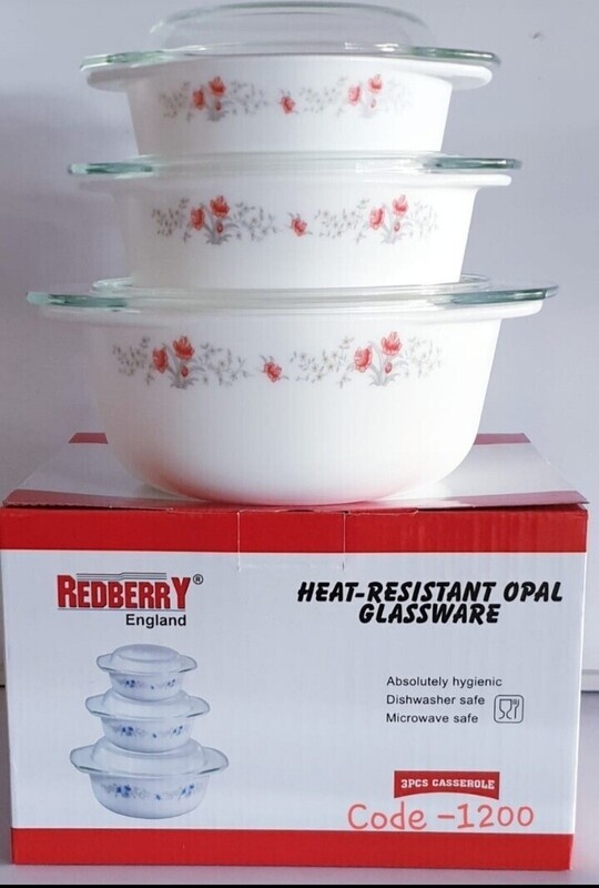 Opal  Glass round Casserole serving dish  Redberry set of 3 #1200 capacity 0.7L,1.0L,1.5L