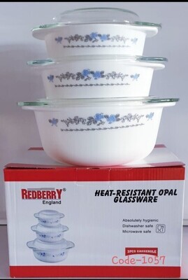Opal Glass round Casserole serving dish Redberry set of 3 #1057 capacity 0.7L,1.0L,1.5L serving bowls with glass cover