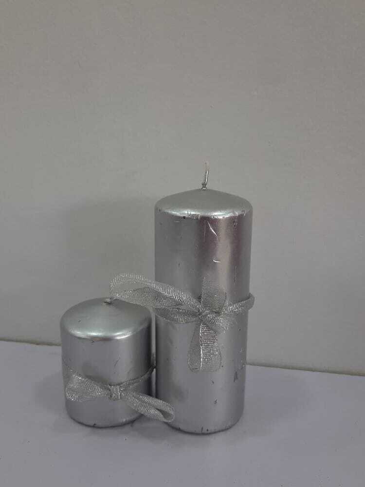 Christmas Silver Metallic finish pillar candle 14cmx5.5cm #506028S