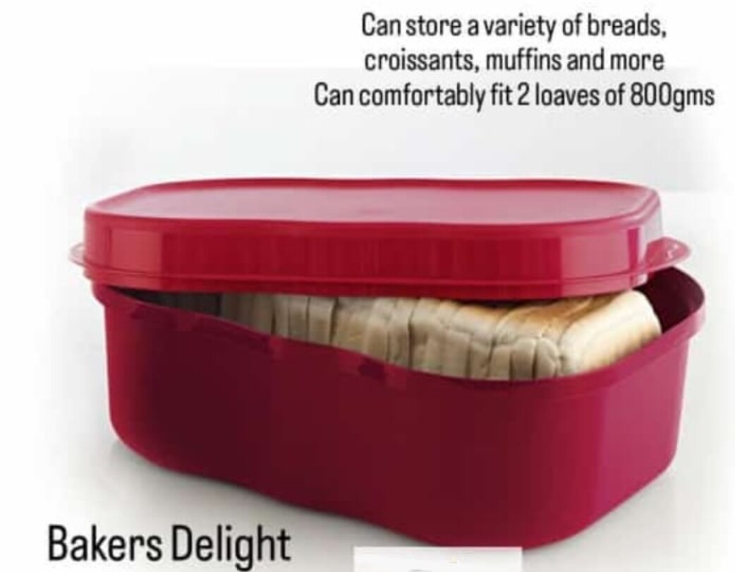 Tupperware bakers delight can store a variety of breads, croissants, muffins and more. can comfortably fit 2 loaves 800gm