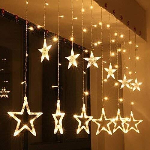 Warm White Curtain Light,6Pcs Small Stars(10Cm),6Pcs Big Stars(20Cm),Total 138Lamps,Size:2.5M*0.8M,With Controller,2Meters Length Plug Wire
Pvc+Copper