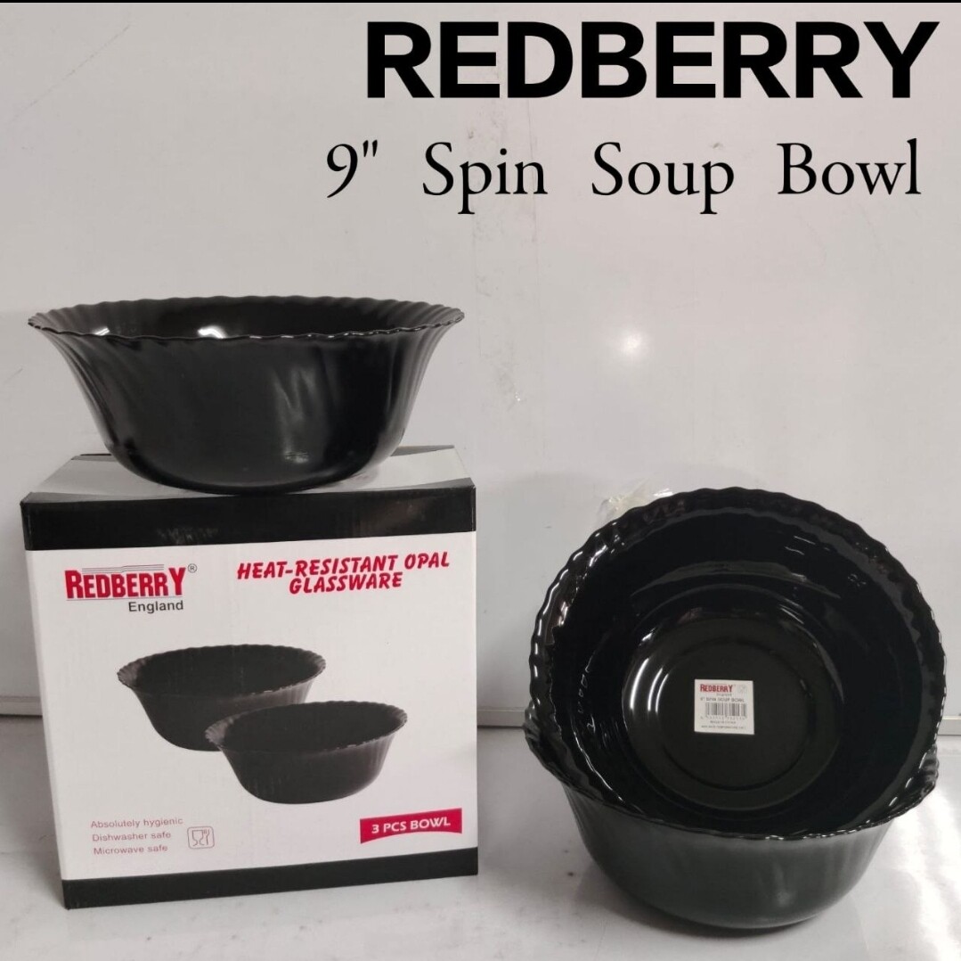 Redberry premium range of opalware 9" spin bowl black 3pcs pack in gift box