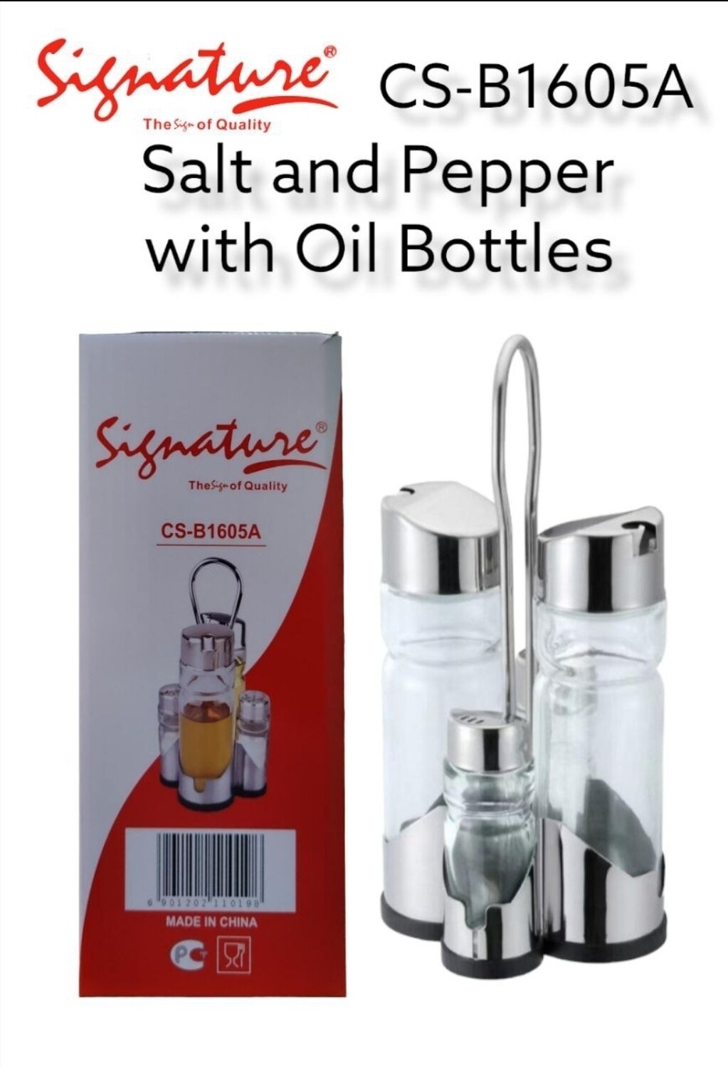 Signature 5 pcs Glass Salt, Pepper, Oil and Vinegar Bottle with SS Stand (CS-B1605A)