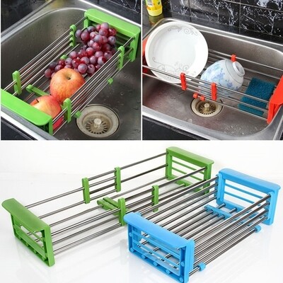 Heavy gauge expandable over the kitchen sink drain shelf. Colours available blue, green &amp; white