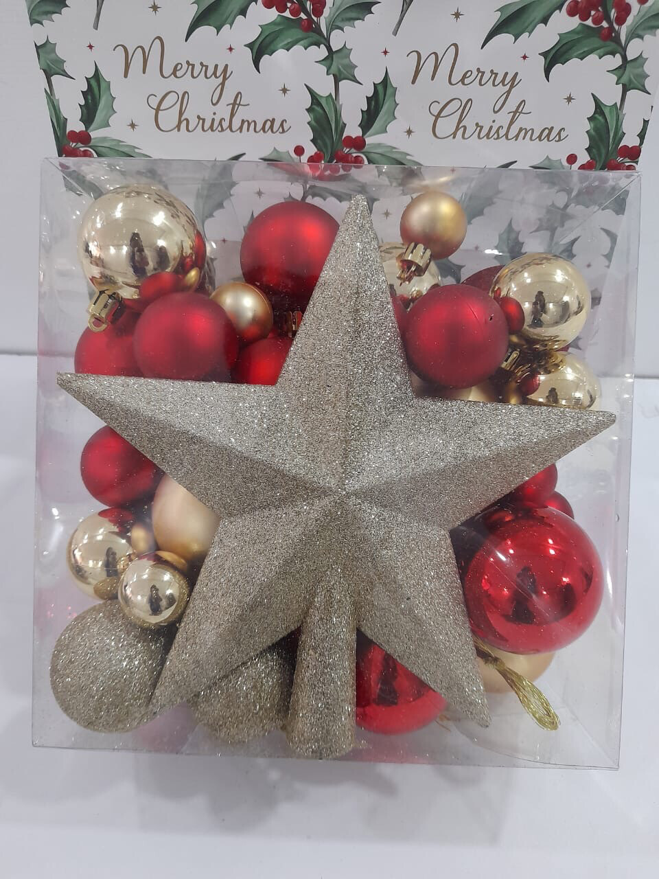Christmas Decoration Set - 48pcs Mixed Size Balls in Gold and Red Plus 1 Star (Model SYQA-0122307)