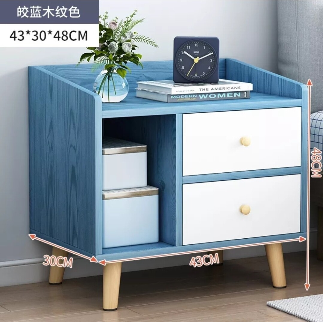 Bedside table with drawers & legs. BLUE