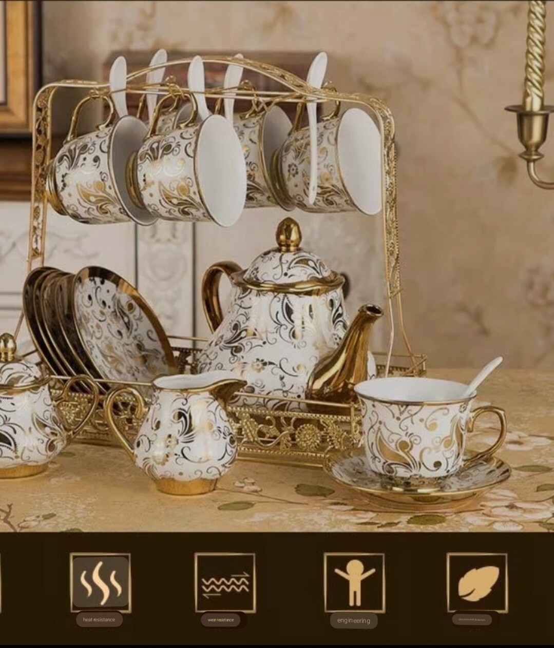 European style 22pcs cup & saucer Tea set Coffee set with storage rack. Black Flower