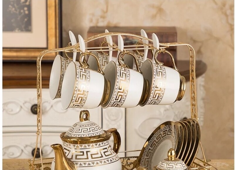 European style  cup &amp; saucer Tea set coffee set 22pcs with Milk jug, sugar bowl, storage rack. Arabian Print