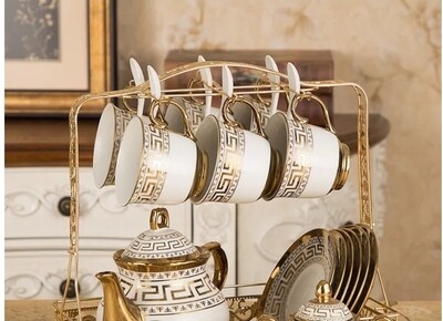 European style cup & saucer Tea set coffee set 22pcs with Milk jug, sugar bowl, storage rack. Arabian Print
