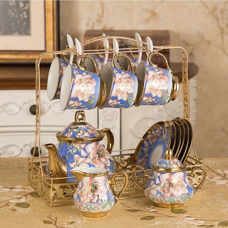 European style  cup &amp; saucer Tea set coffee set 22pcs with Milk jug, sugar bowl, storage rack. Blue flower