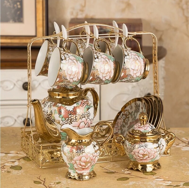 European style  cup &amp; saucer Tea set coffee set 22pcs with Milk jug, sugar bowl, storage rack. green Flower