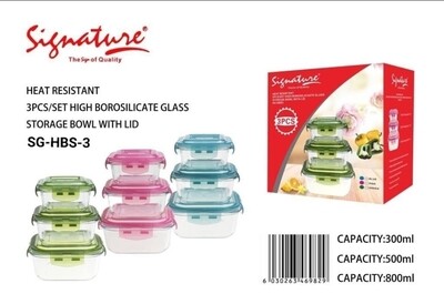 signature high resistant 3pcs glass Lunch Box storage bowl with lid 300ml 500ml 800ml SG-HBS-3