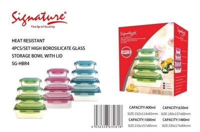 Signature 4-Piece Rectangle Borosilicate Glass Bowl Set with Plastic Lids - Versatile and Durable Lunch Box Solution SG-HBR4