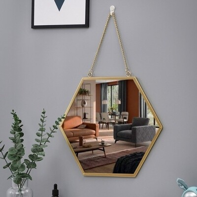 Hanging Decor Mirror with gold chain strap size 34x30cm