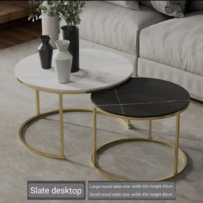 Coffee table Nordic  2pc Large 60cm Small 45cm White & Black Round Nesting Table Small Coffee Table, White Natural Marble Tabletop, Sintered Stone Nesting tables set .