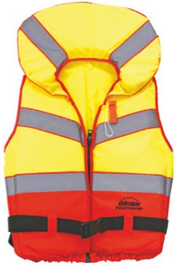 FOAM LIFE JACKET, WITH WHISTLE, BELT, 2 COLOR, YELLOW AND ORANGE, WITH FRONT ZIP AND 3 REFLECTIVE STRIPES