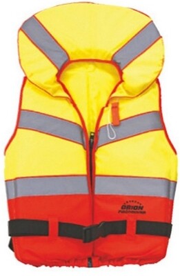 FOAM LIFE JACKET, WITH WHISTLE, BELT, 2 COLOR, YELLOW AND ORANGE, WITH FRONT ZIP AND 3 REFLECTIVE STRIPES