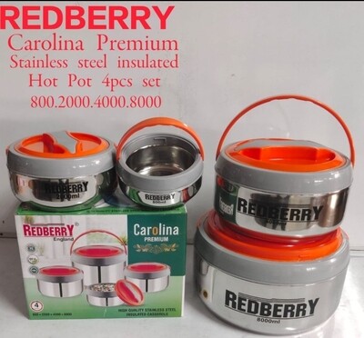 REDBERRY Premium Range of S.STEEL  Insulated Hotpot CAROLINA 4 pcs set 800/2000/4000/8000ml Red