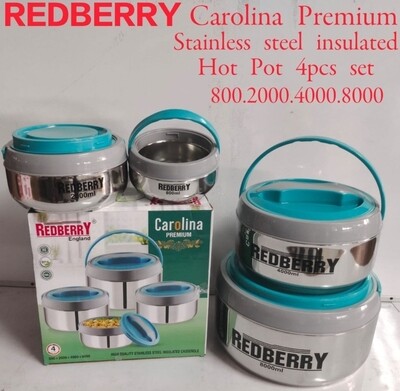 REDBERRY Premium Range of S.STEEL  Insulated Hotpot CAROLINA 4 pcs set 800/2000/4000/8000ml blue