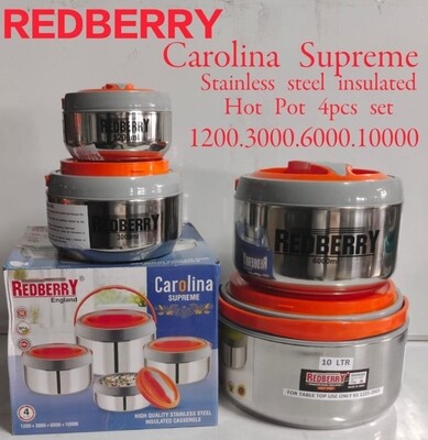 REDBERRY Premium Range of S.STEEL  Insulated Hotpot CAROLINA 4 pcs set 1200/3000/6000/10000ml RED