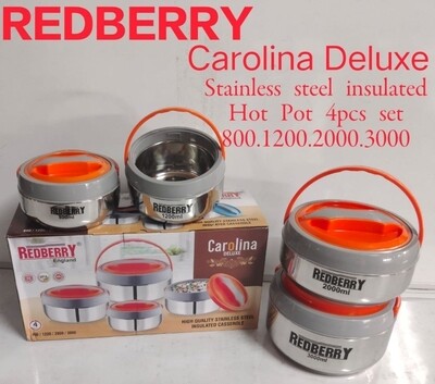 REDBERRY- Premium Range of S.STEEL Insulated Hotpot CAROLINA 4 pcs set 800/1200/2000/3000ml RED