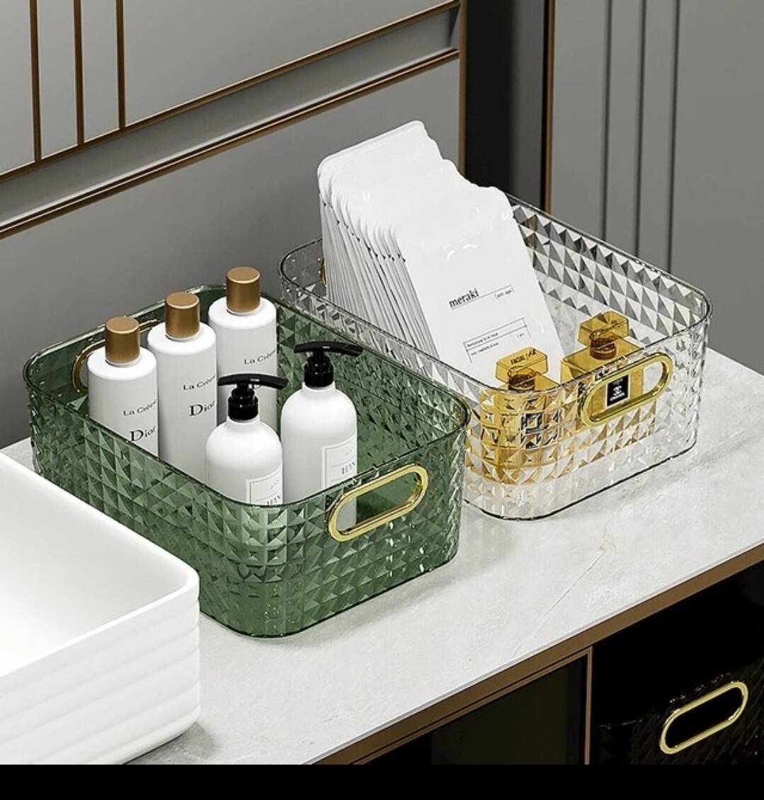 Exquisite bathroom shelves/ Desktop cosmetic storage box/acrylic dressing table &amp; skin care product organizer/ snack storage basket. Material: Acrylic (hard plastic)