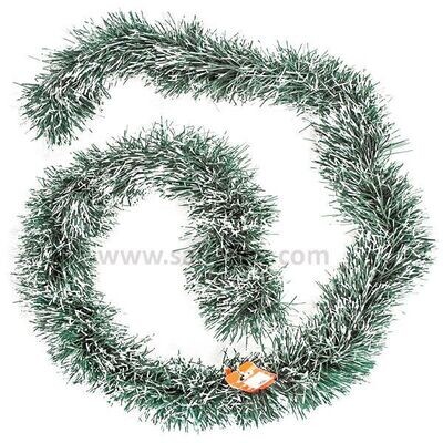 TINSEL GARLAND GREEN WITH WHITE SNOW TIPS 15CM