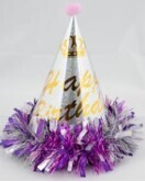 Laser Cone Hat Happy Birthday With Frill With Pom Pom On Tip #3594