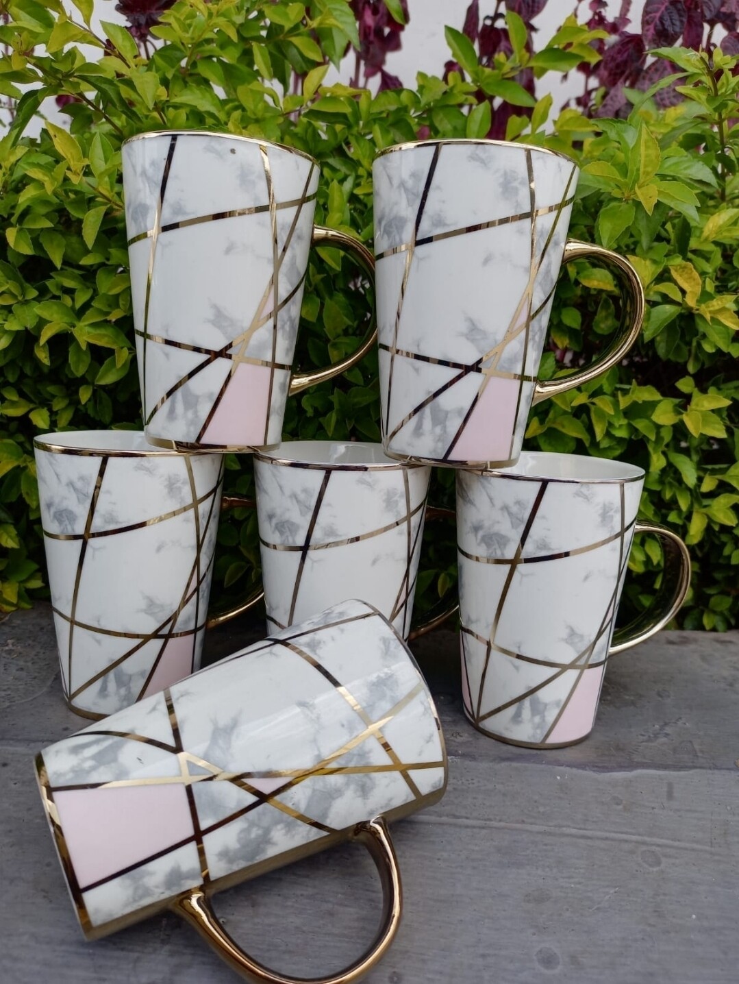 Ceramic gold coated Classic big coffee mugs 6pcs Pink Grey white