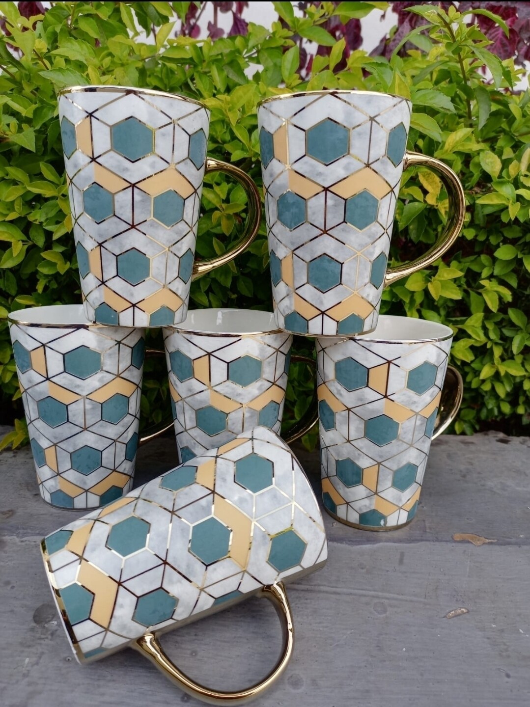 Ceramic gold coated Classic big coffee mugs 6pcs Green grey (not microwave safe)