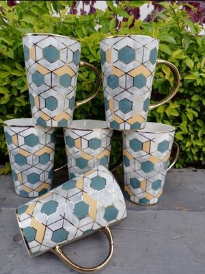 Ceramic gold coated Classic big coffee mugs 6pcs Green grey (not microwave safe)