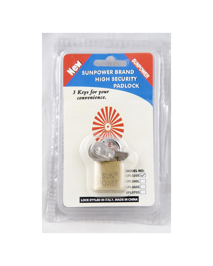 Sunpower 20MM Brass Padlock - Short Shackle with Brass Core &amp; Three Keys Model PLD-02-20S