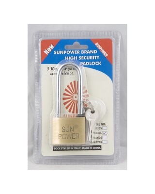 Sunpower 40MM brass padlock long shackle with brass core & three keys in blister packing PDL-02-40L