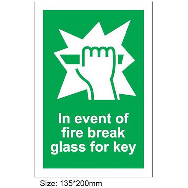 Safety sign. In case of fire, break the glass. Green SIZE135X 200MM LUMINIOUS LGE166