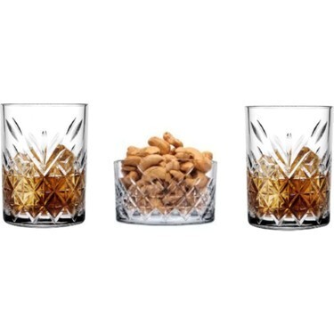 Pasabahce Timeless crystal whiskey glass 345ml 3pc set 2 glasses, 1small snack bowl #96818