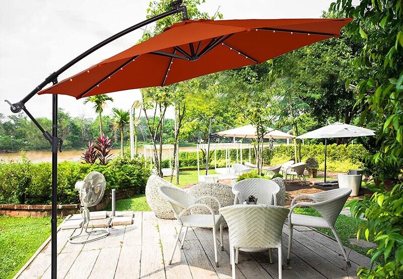 PHI VILLA 10ft Offset Hanging Umbrella with 32 PCS LED Lights Solar