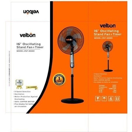 VELTON 16 Inch Stand Fan With Timer -VSF-16530