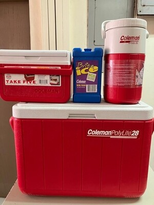 Coleman Cooler box Polylite 28 4pcsSet. Cooler 26L, cooler 5L, Cooler Jug 5L, 200z Ice pack. RED