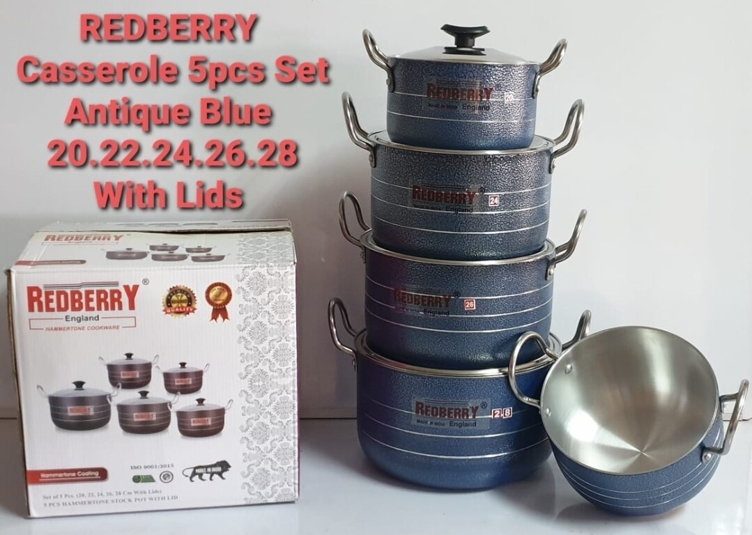 Redberry cookware 5pcs aluminium casseroles with lids. Antique Blue