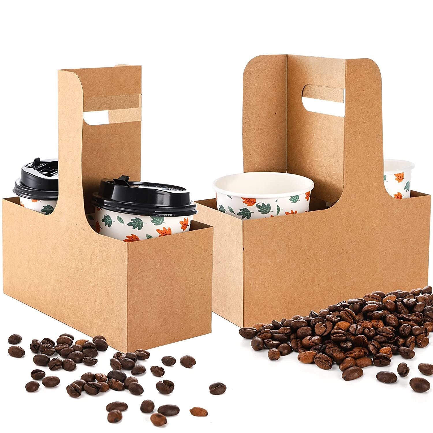 Kraft Coffee Cup Holder  4pcs Carrier with Handle, 2 Cup Disposable Paperboard Beverage Cup Holder for Hot Cold Drinks - to Go Coffee Cup Holder for Food Delivery Service