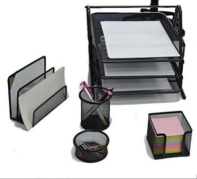 Mesh Stationery 5-Piece Set - 3-Tier Document Tray, Pencil Cup, Letter Shelf, Memo Holder, Clip Cup Black Model (MSL-9605)