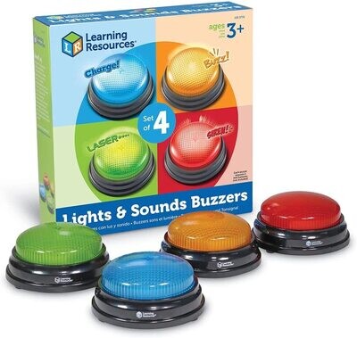 Answer Buzzers, Lights & Sound, Set Of 4, Blue/Green/Red/Yellow, Using AA X 2 Batteries Learning Resources Lights And Sounds Buzzers - Set Of 4, Ages 3+ Game Show And Classroom Buzzers,#808H